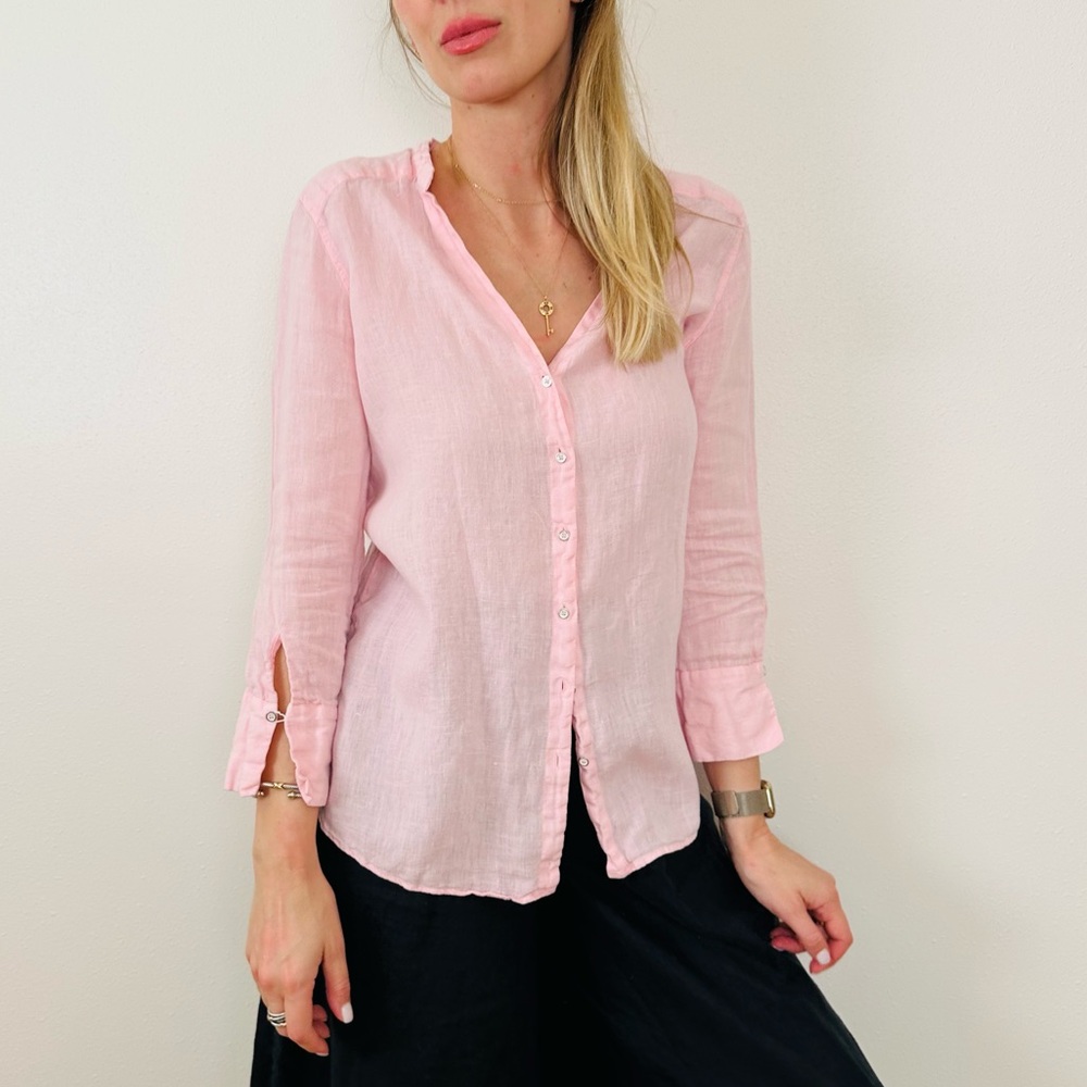 Zara Basic 100% linen pink long sleeve button down shirt